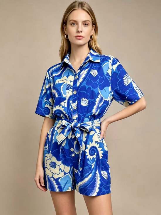 Farm Rio Pants - NWOT Farm Rio Linen-Blend Tropical Groove Belted Romper Blue Floral Size S